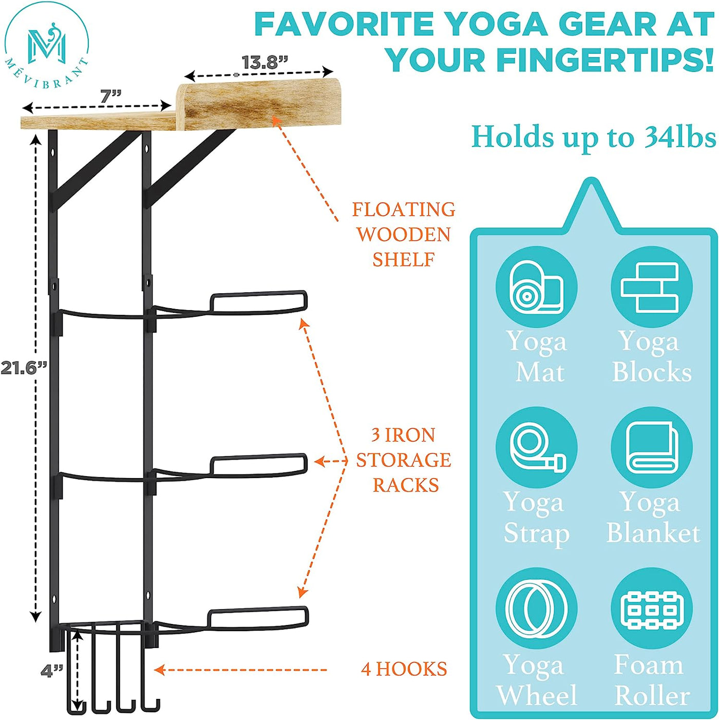 Yoga Mat Holder Wall Mount 3 Tier Rack and 1