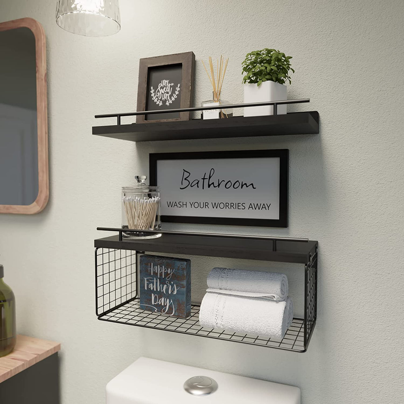 Floating Shelves with Bathroom Wall Décor Sign