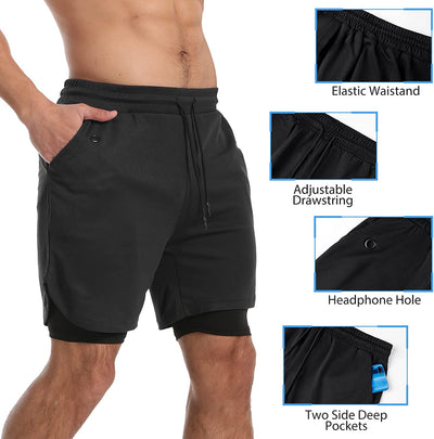 Mens 2 in 1 Workout Running Shorts Athletic Yoga Gym 7" Short