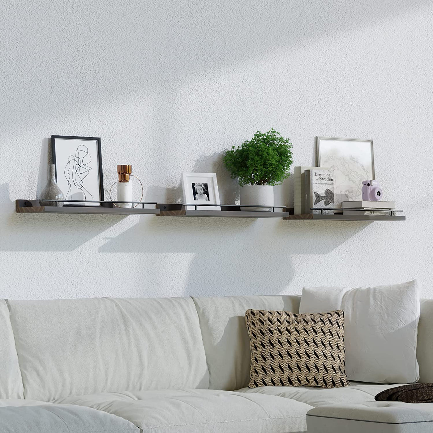 Floating Shelves with Black Metal Guardrail, Shelves for Wall