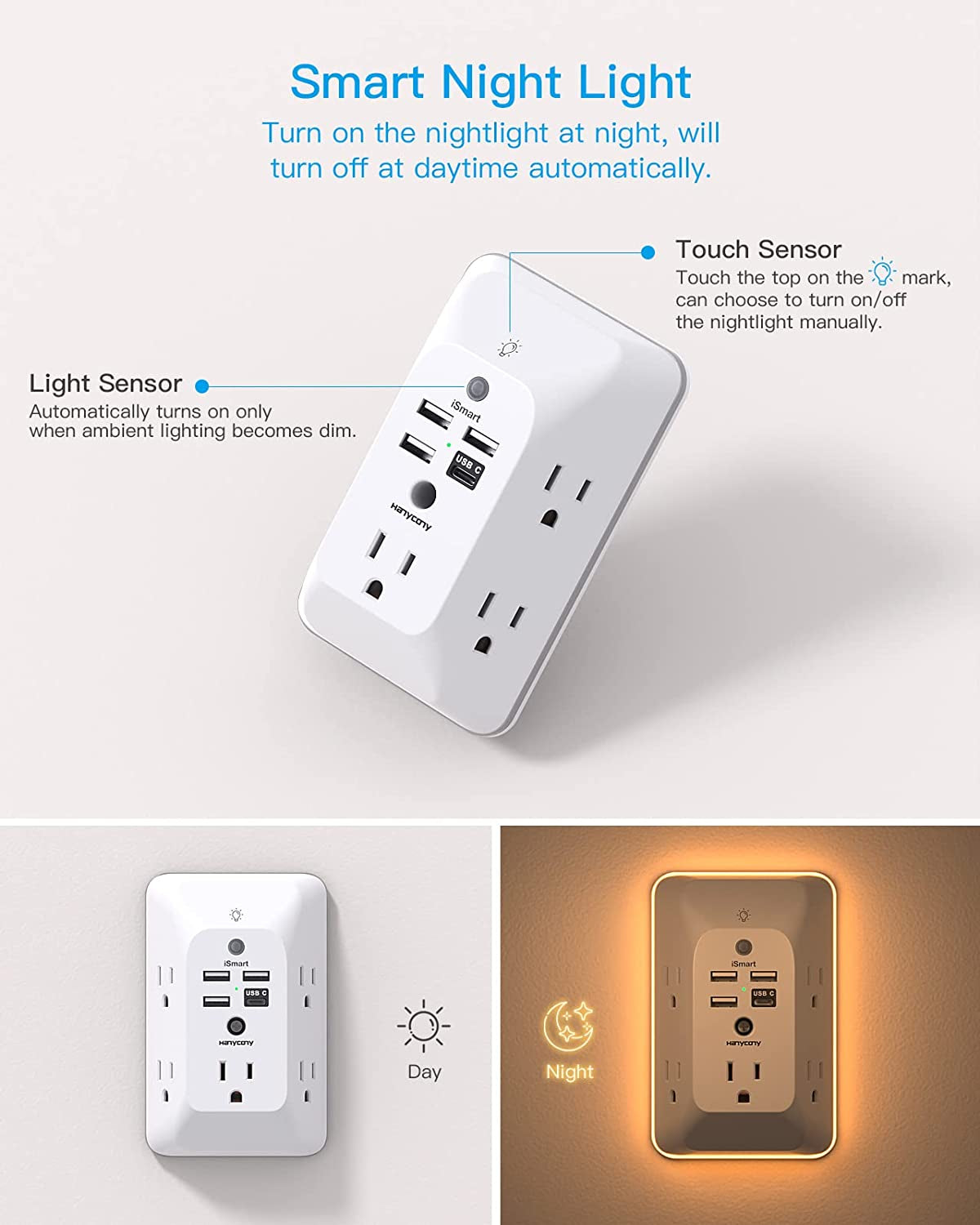 Outlet Extender with Night Light, Multi Plug