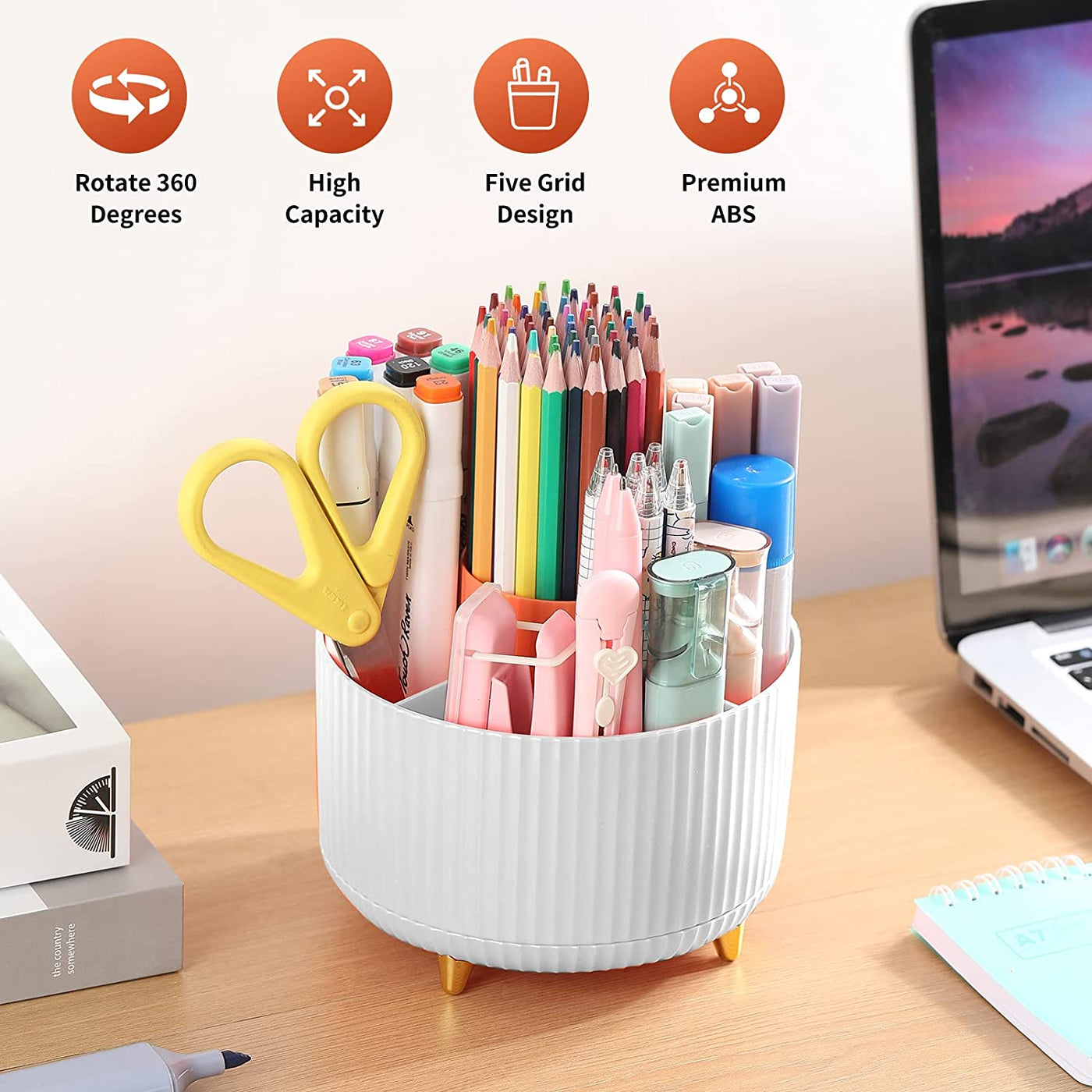 Desk Pencil Pen Holder, 5 Slots 360°Degree Rotating Pencil Pen