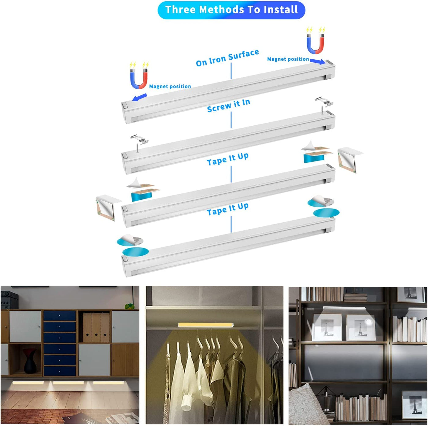 Under Cabinet Led Light Bar Linkable Closet Lamp for Shelf 3 Color Dimmable and Multi-Color White 12 Inch LED under Counter Lights Strip for Kitchen Magnetic Mounted 3 in Pack