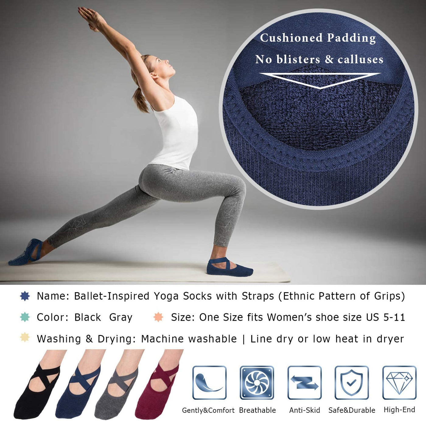 Yoga Socks for Women Non-Slip Grips & Straps