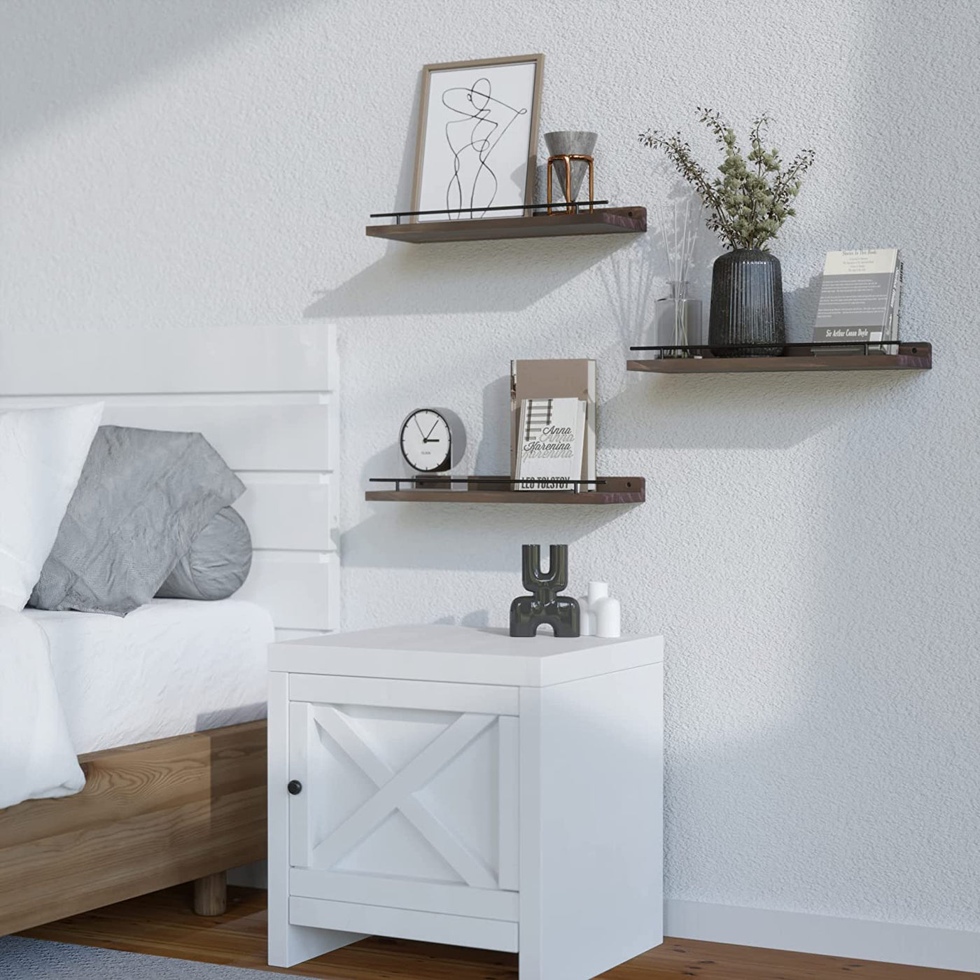 Floating Shelves with Black Metal Guardrail, Shelves for Wall