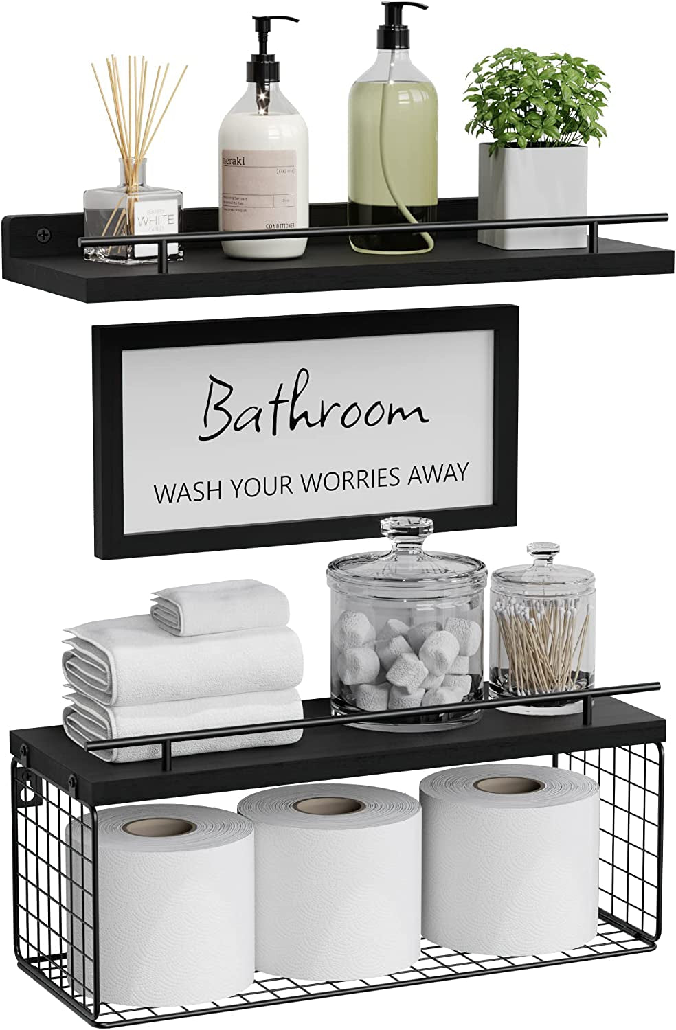 Floating Shelves with Bathroom Wall Décor Sign