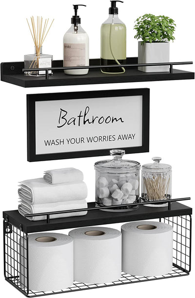 Floating Shelves with Bathroom Wall Décor Sign