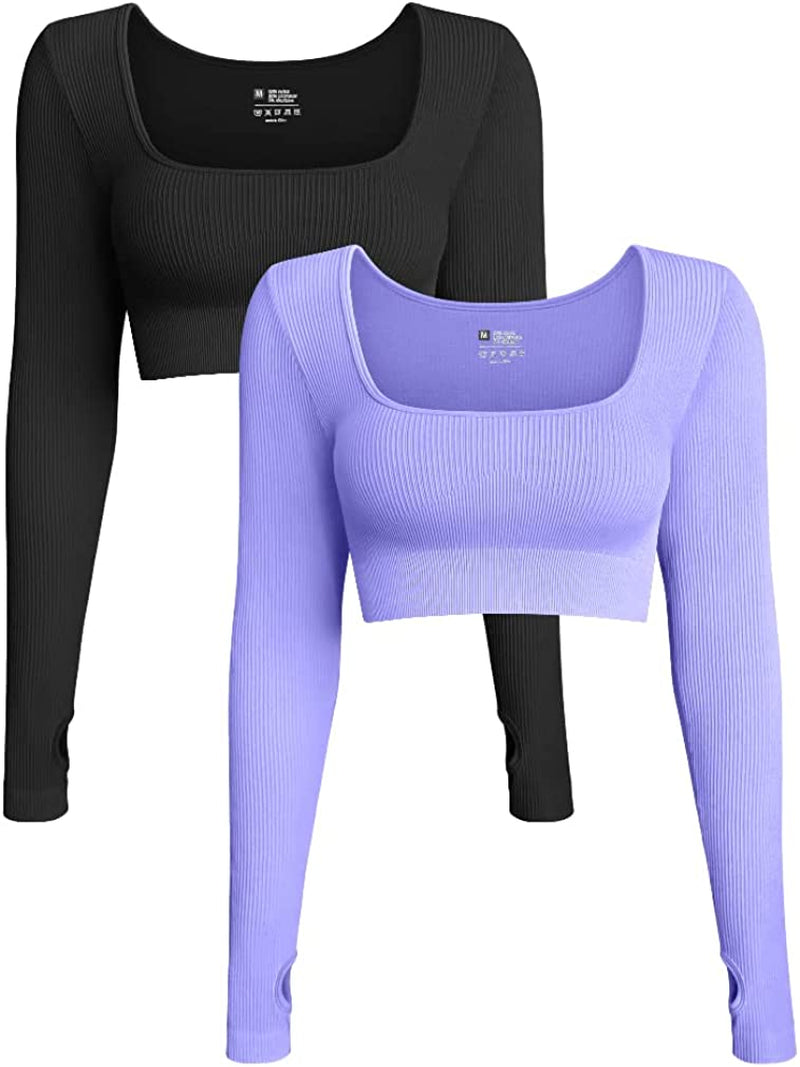 Women'S 2 Piece Crop Top Ribbed Seamless Workout Exercise Long