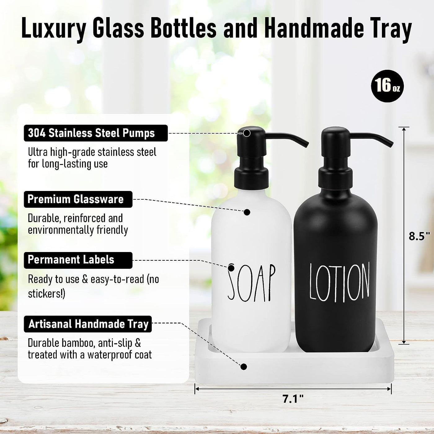 Luxury Glass Soap and Lotion Dispenser Set with Tray by