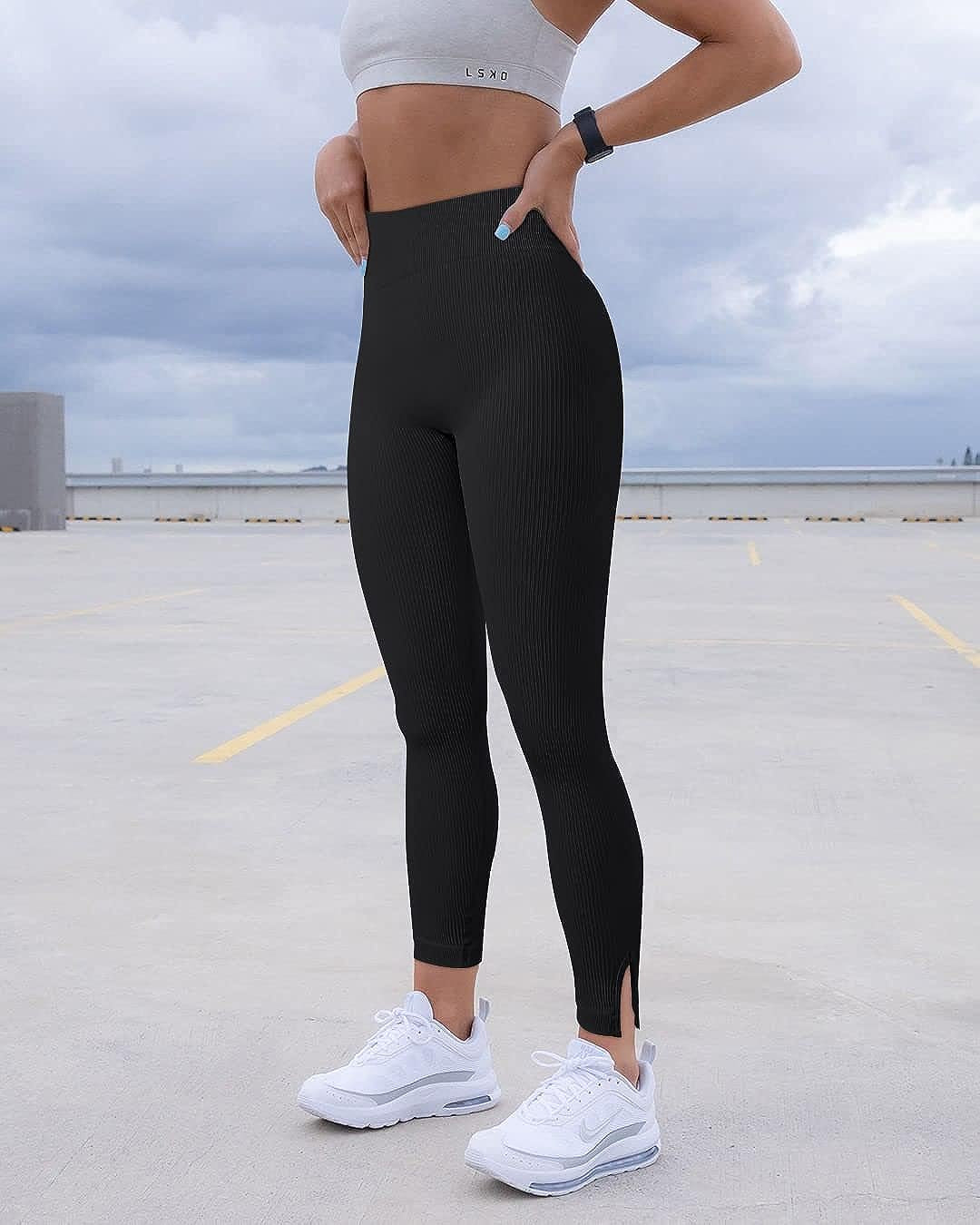 Women 2 Piece Leggings Workout Tights Tummy Control Ribbed