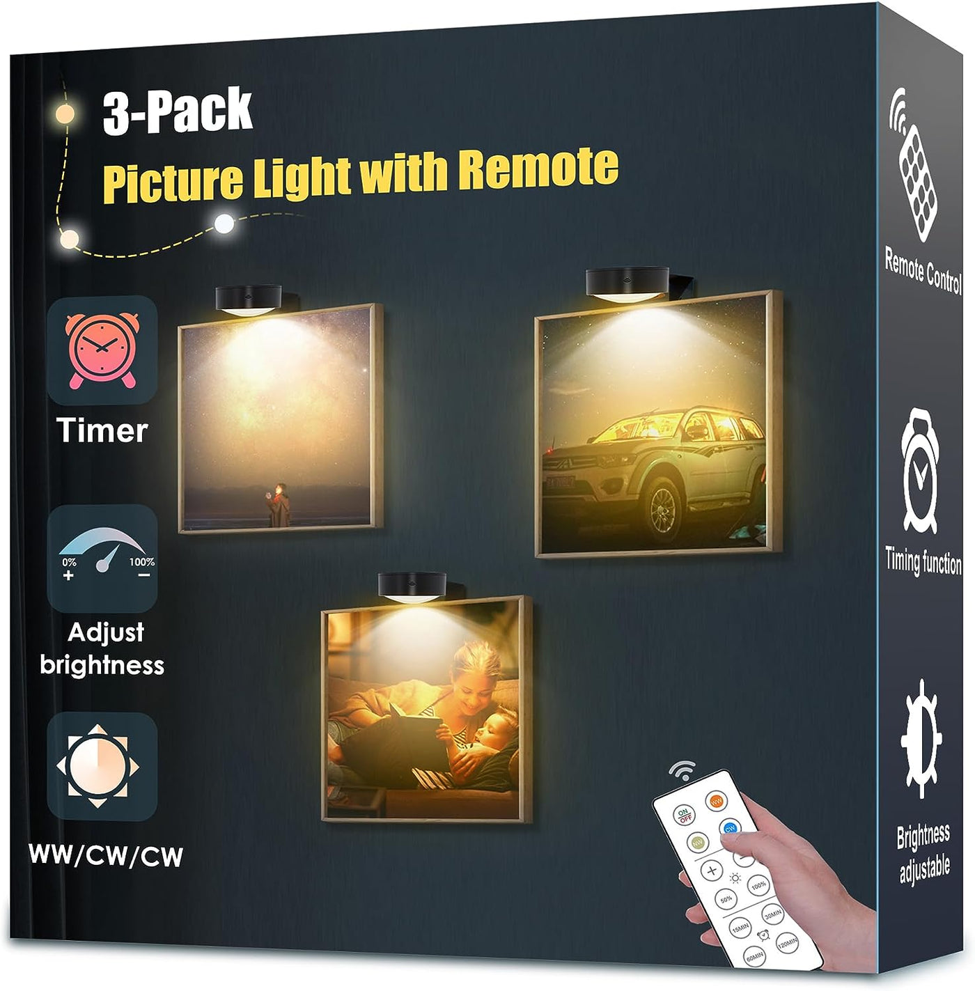 3-Pack Picture Light Battery Operated, Led Lights with Remote