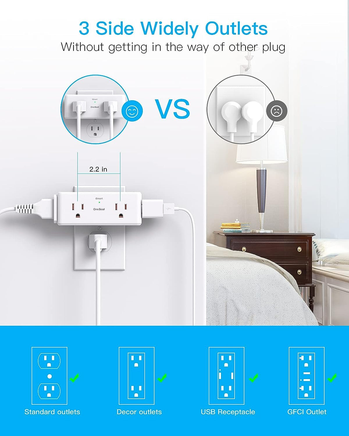 2 Pack Multi Plug Outlet Splitter, Electrical Multiple Outlet