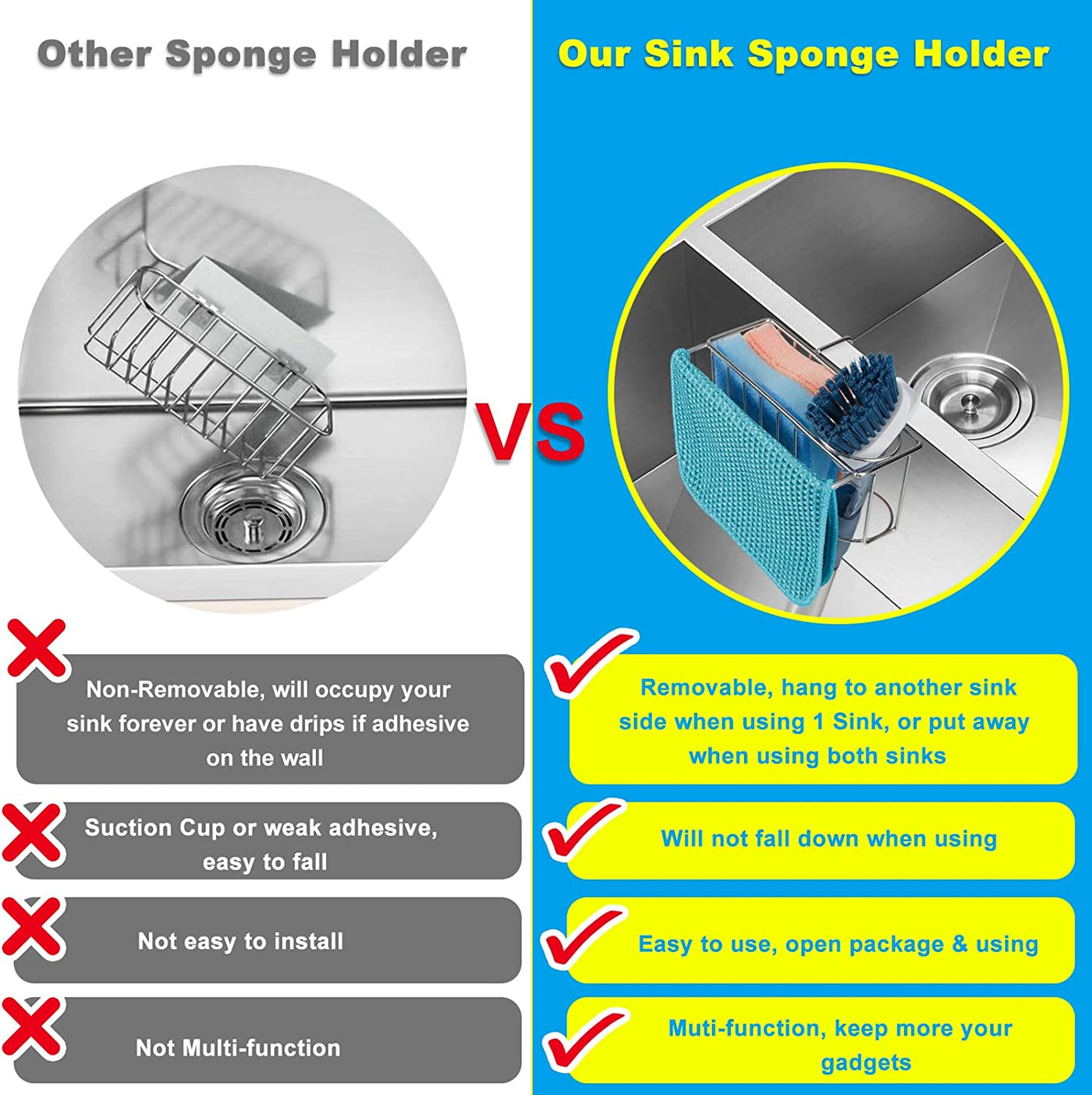 3-IN-1 Sponge Holder for Kitchen Sink, Stainless Steel