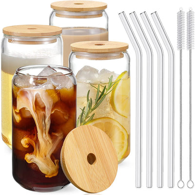Drinking Glasses with Bamboo Lids and Glass Straw