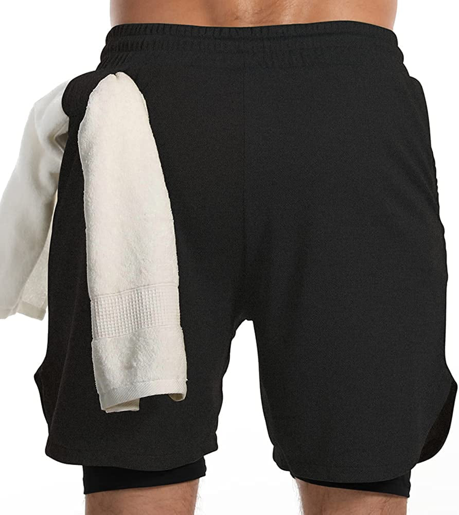 Mens 2 in 1 Workout Running Shorts Athletic Yoga Gym 7" Short