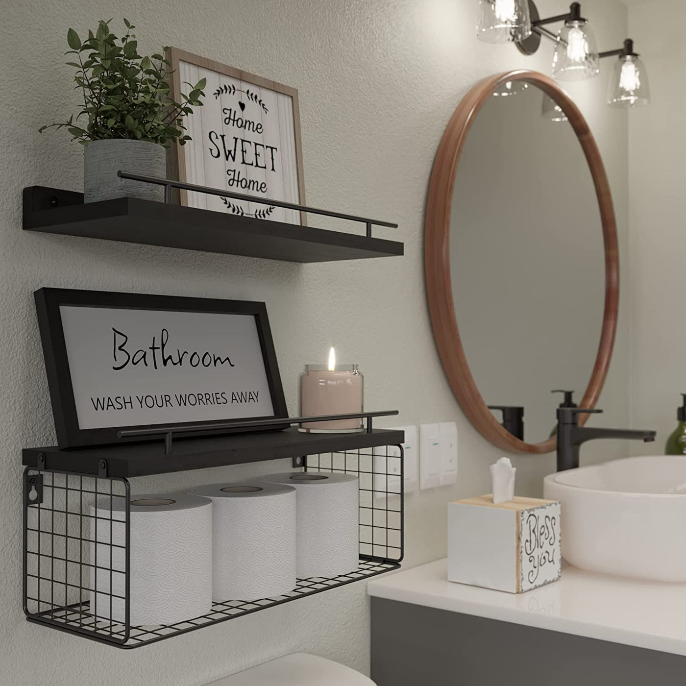 Floating Shelves with Bathroom Wall Décor Sign