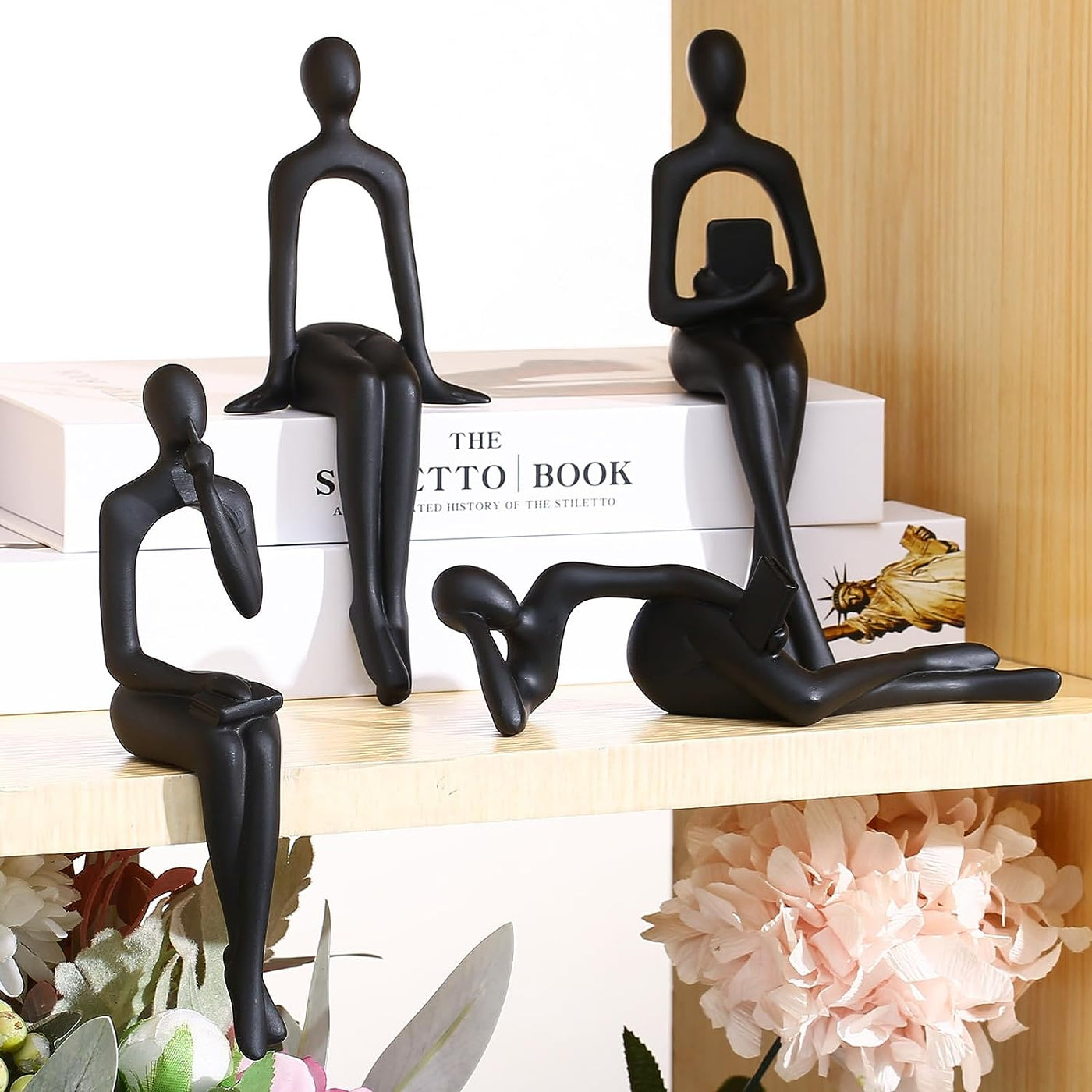 Bookshelf Decor Black Thinker Statue Figurines Set of 4