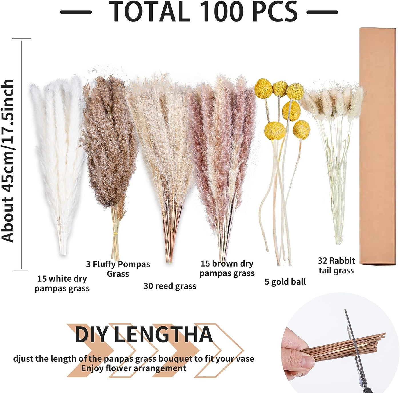 100PCS Natural Dried Pampas Grass Decor 17.5"