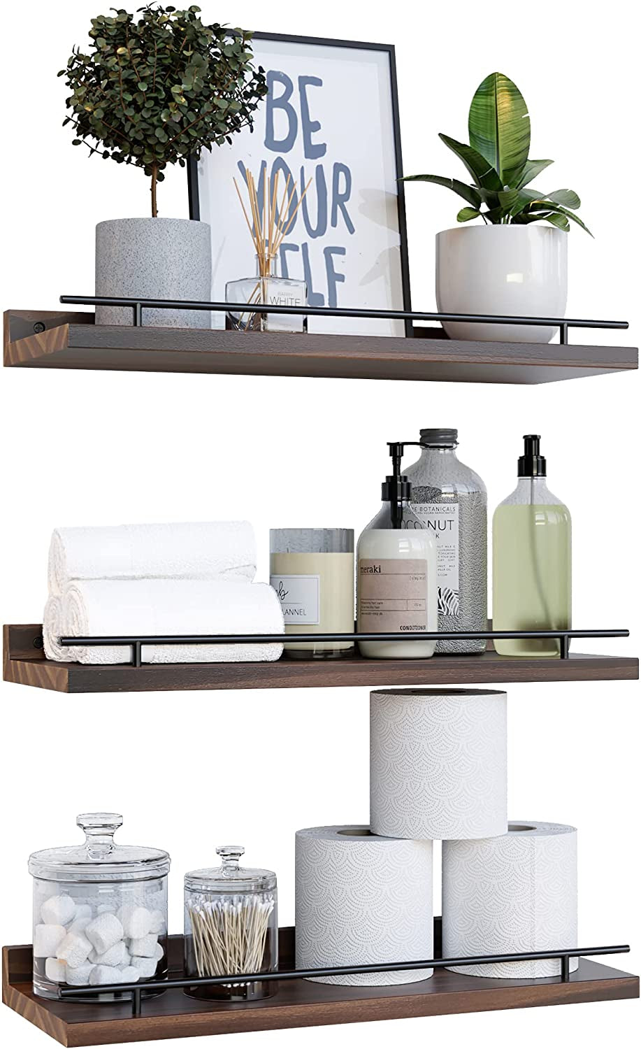 Floating Shelves with Black Metal Guardrail, Shelves for Wall