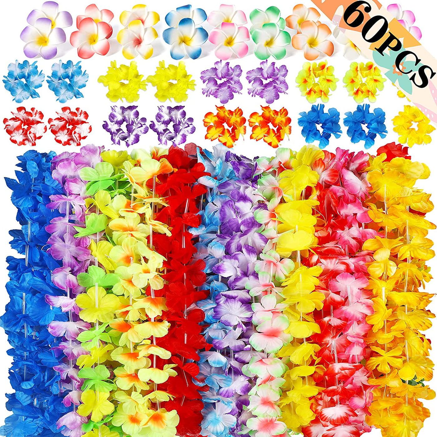 60PCS Hawaiian Luau Leis Party Decorations Supplies