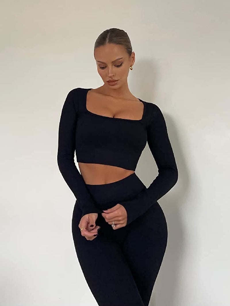 Women'S 2 Piece Crop Top Ribbed Seamless Workout Exercise Long