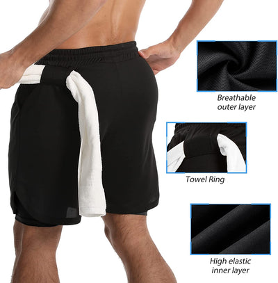 Mens 2 in 1 Workout Running Shorts Athletic Yoga Gym 7" Short